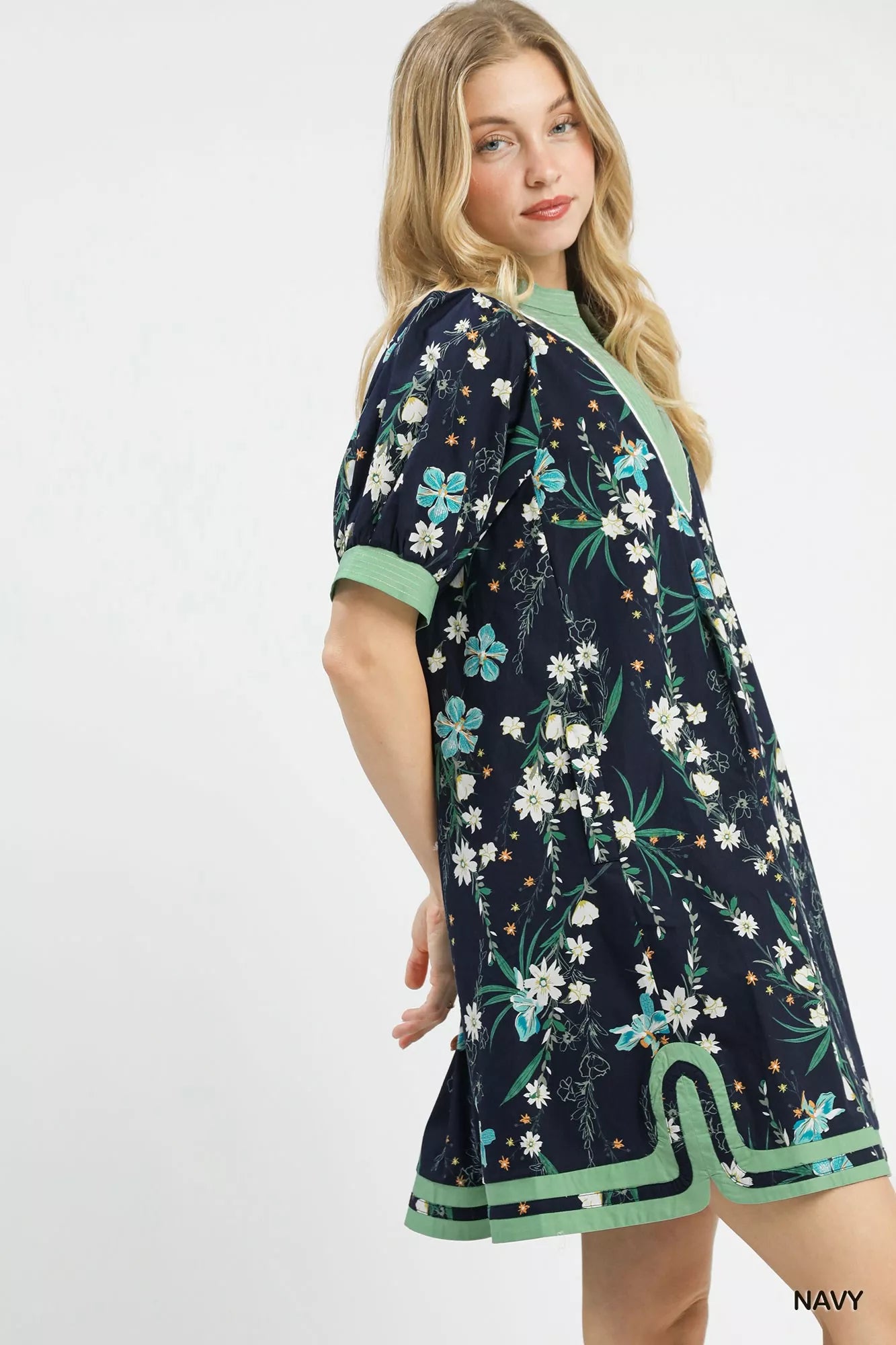 Umgee Floral Puff Sleeve Dress with Contrast Trim - Trendsi | Lola Mariee