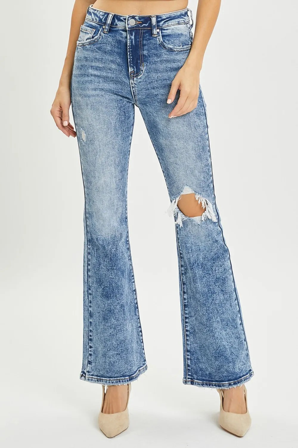 RISEN Full Size High Rise Distressed Flare Jeans - women's bottoms at Lola Mariee boutique