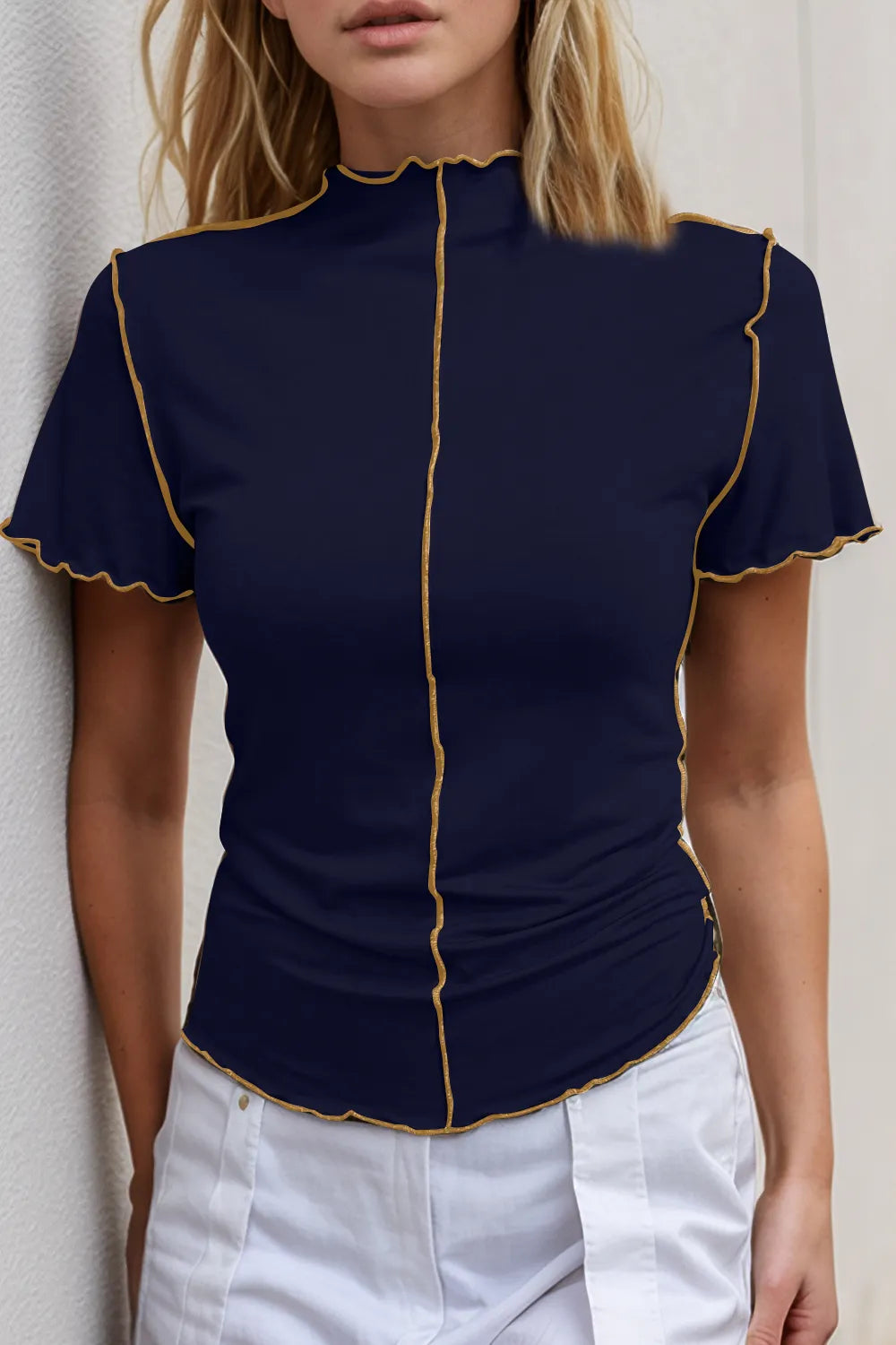 Basic Bae Contrast Trim Mock Neck Short Sleeve T-Shirt – view 10 | Lola Mariee