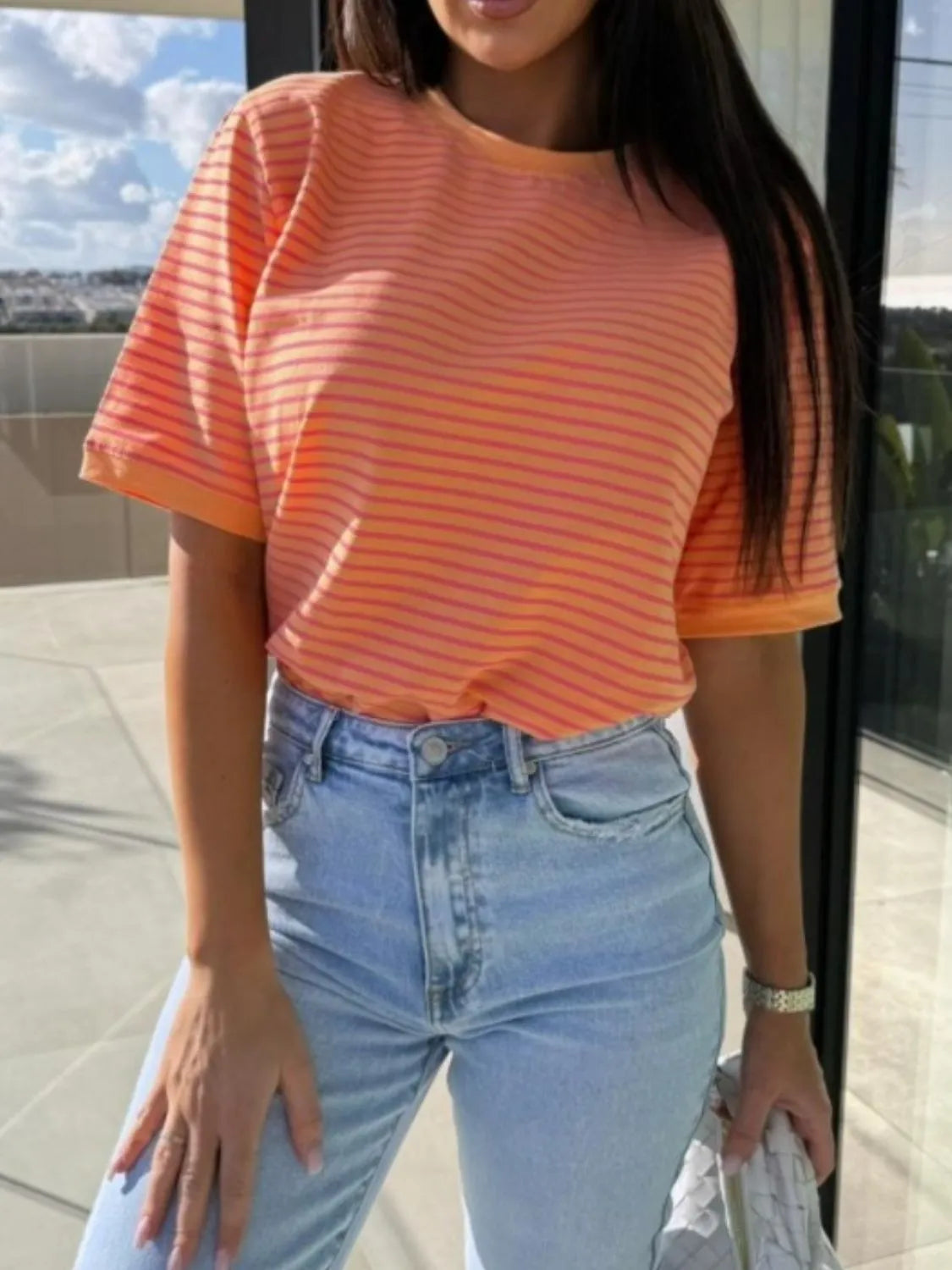 Striped Round Neck Short Sleeve T-Shirt – view 8 | Lola Mariee