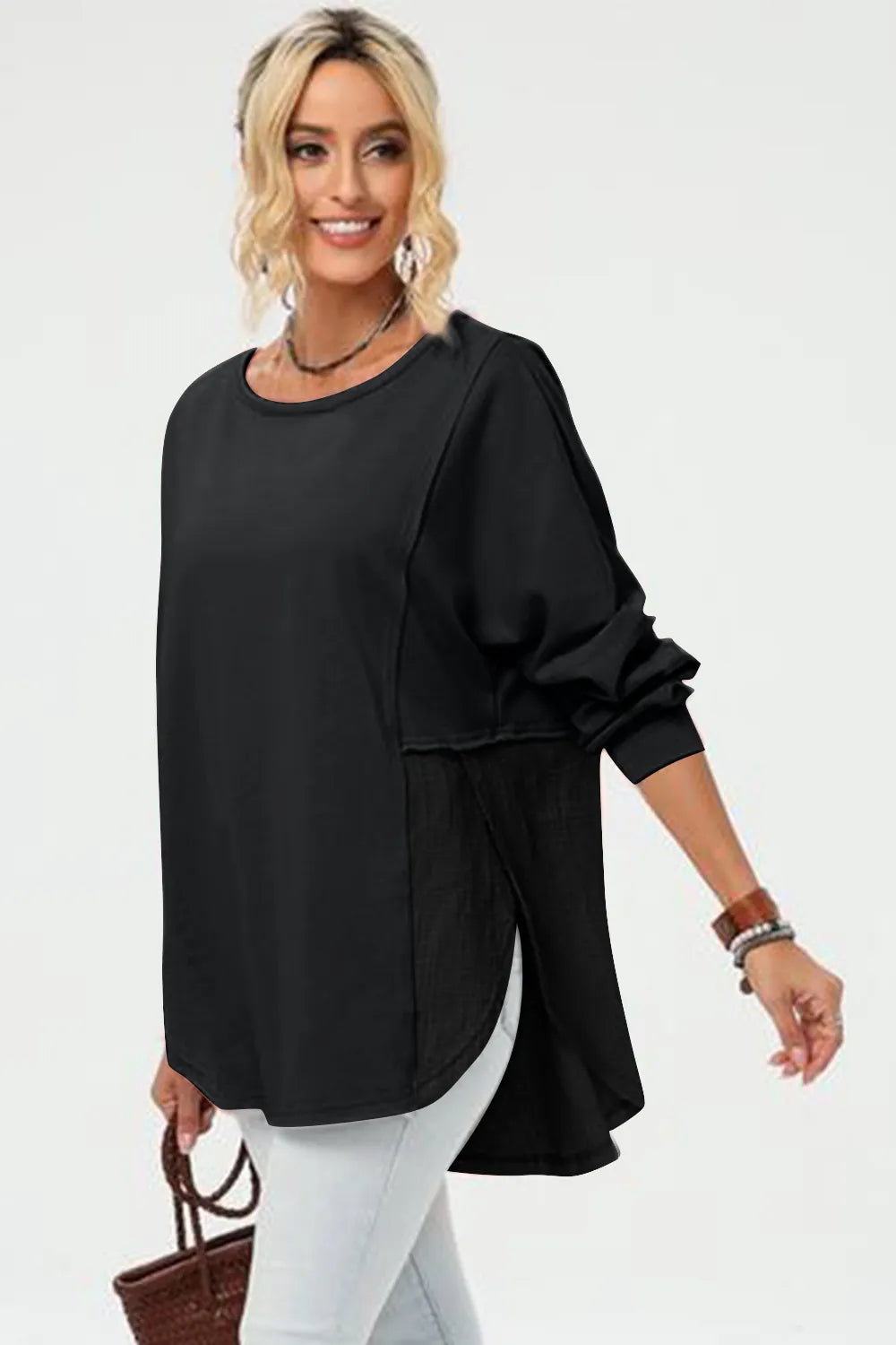 Double Take Full Size Long Sleeve High-Low T-Shirt – view 4 | Lola Mariee
