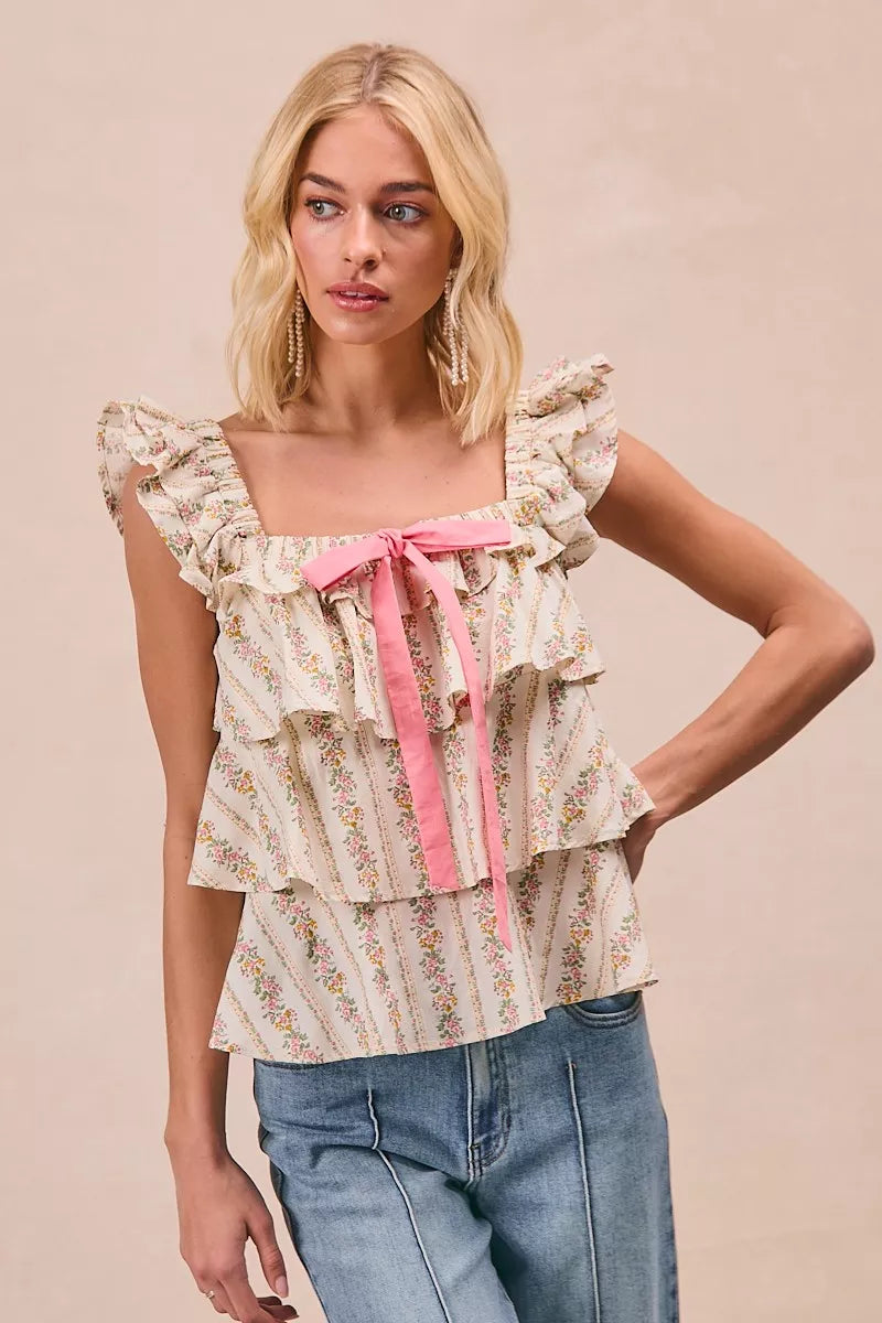 BiBi Floral Printed Woven Front Bow Tied Ruffled Square Neck Sleeveless Top - Trendsi | Lola Mariee