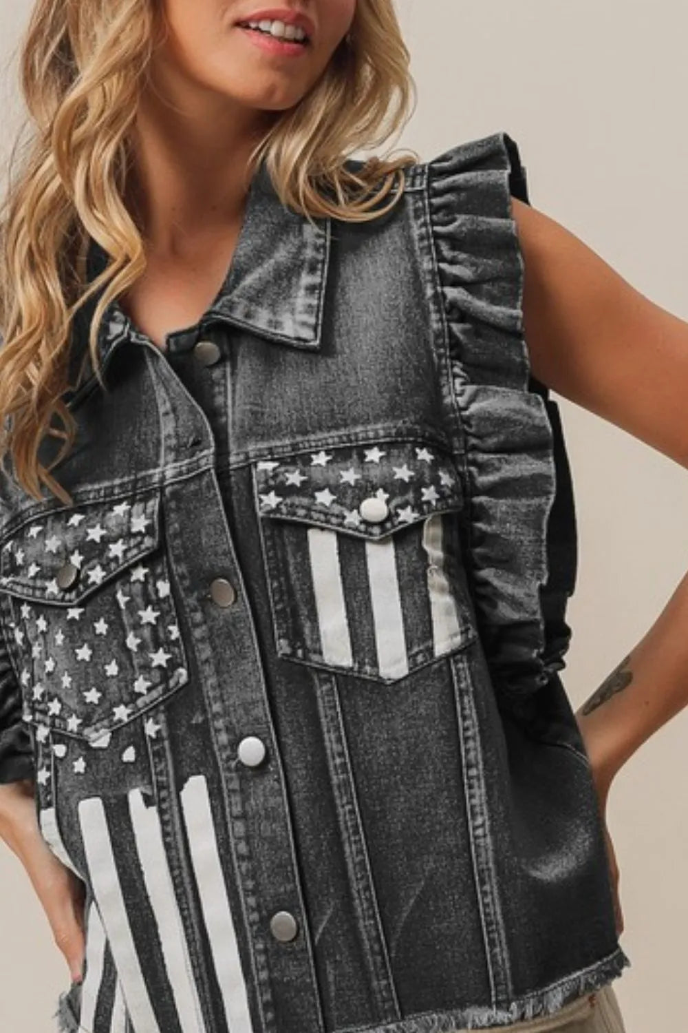 BiBi American Flag Washed Denim Jacket - Trendsi | Lola Mariee