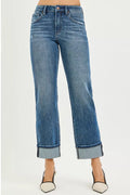 RISEN Full Size 4 Way Stretch Slouchy Straight Jeans with Cuffed Hem Plus Size - LOLA MARIEE | Lola Mariee