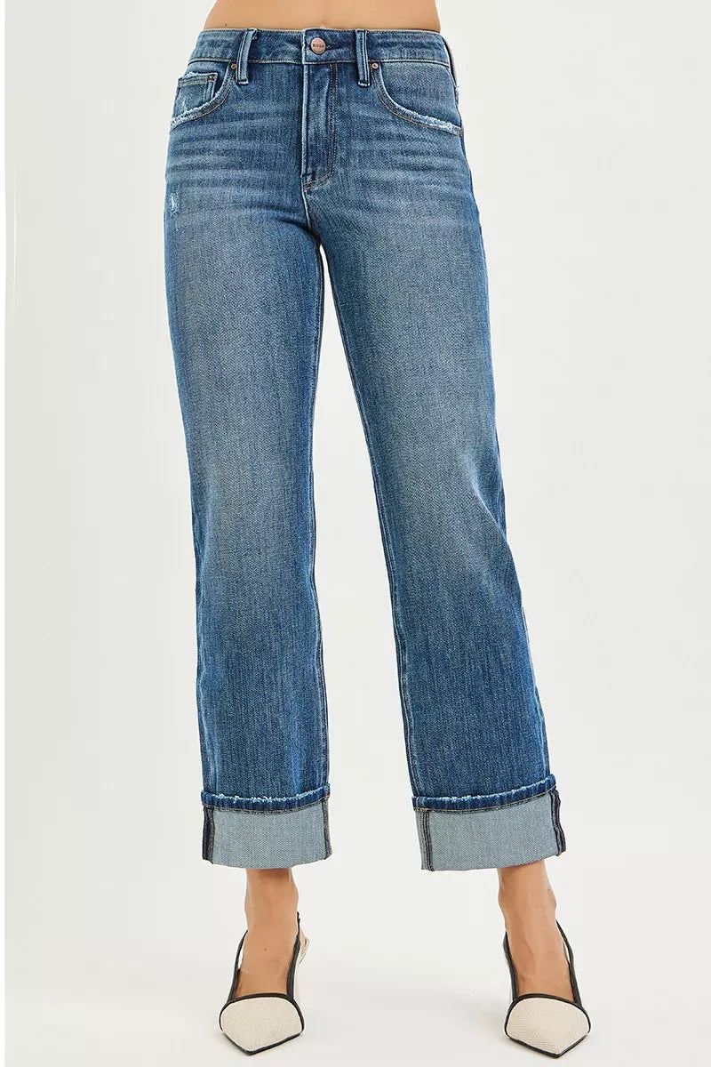 RISEN Full Size 4 Way Stretch Slouchy Straight Jeans with Cuffed Hem Plus Size - LOLA MARIEE | Lola Mariee