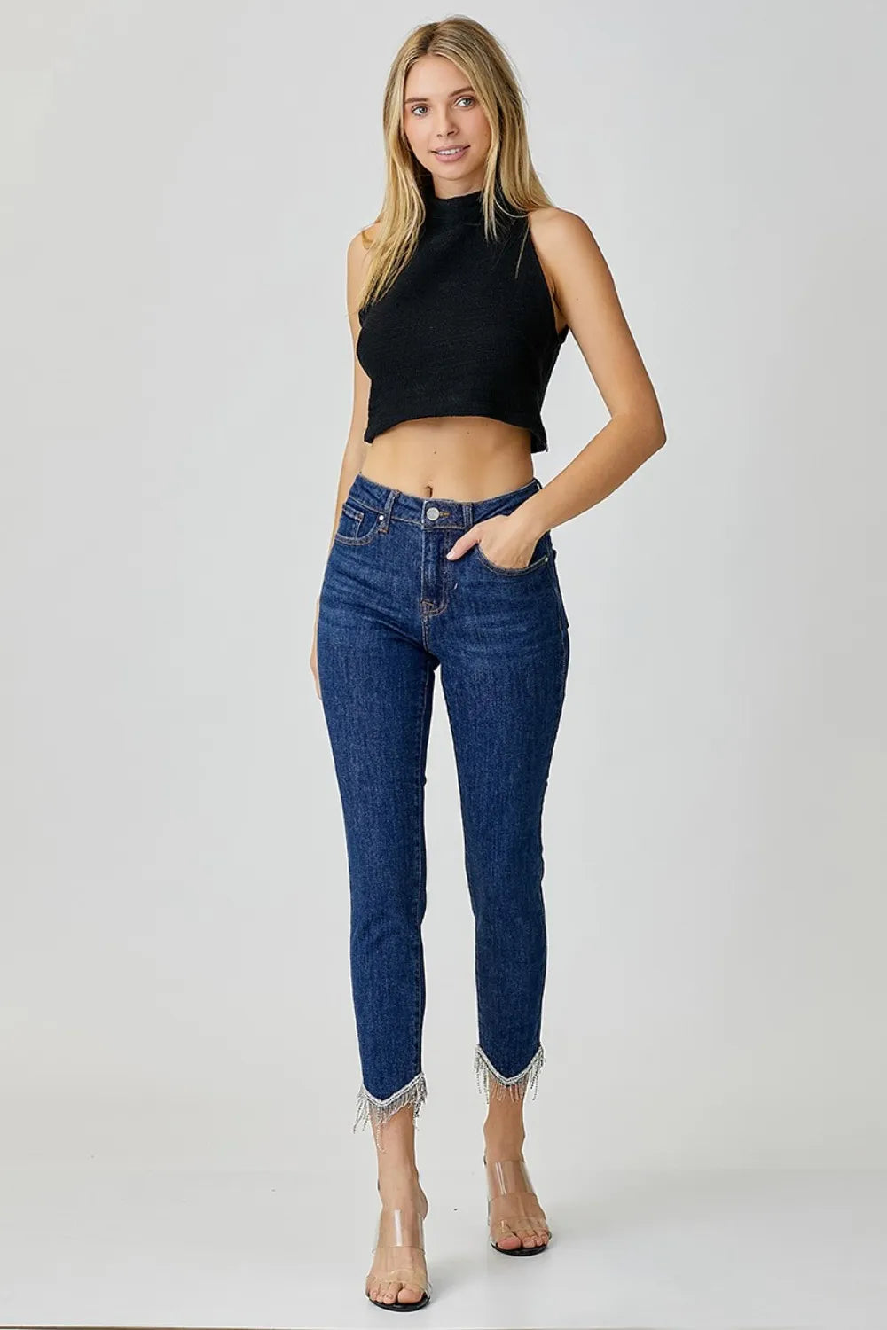 RISEN Full Size Embellished Mid Rise Crop Skinny Jeans - LOLA MARIEE | Lola Mariee