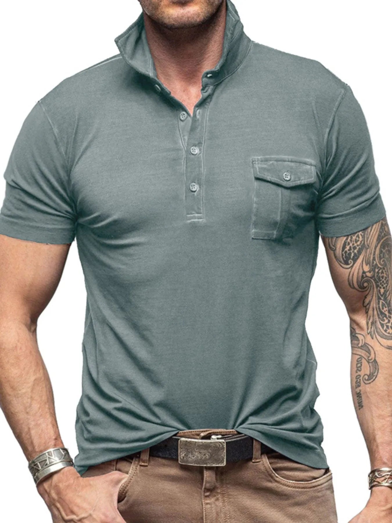 Men's Classic Pocket Polo Shirt with Stand Collar – view 7 | Lola Mariee