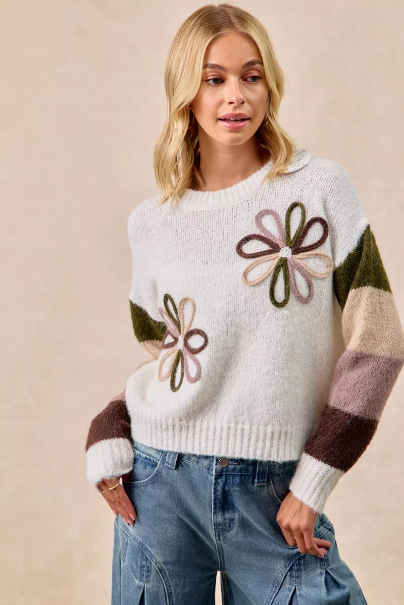 BiBi Flower Color Block Sweater - Trendsi | Lola Mariee