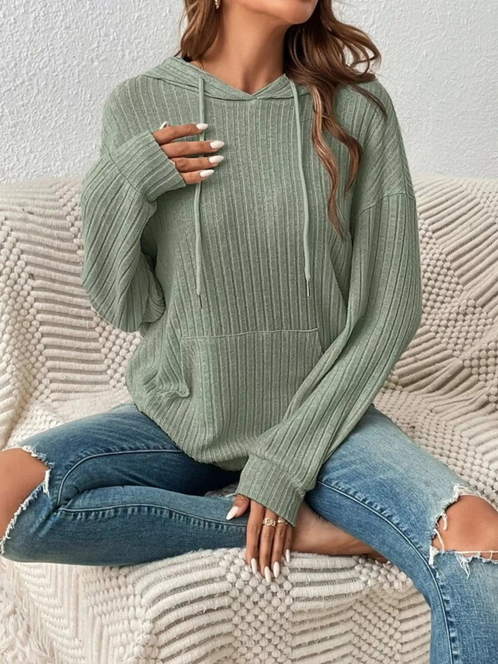 Casual Ribbed Knit Drawstring Hoodie - Trendsi | Lola Mariee