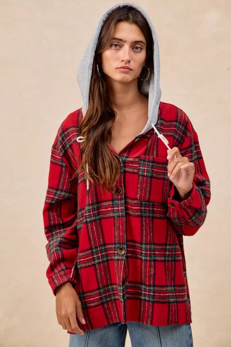BiBi Brushed Plaid Hooded Jacket - Trendsi | Lola Mariee