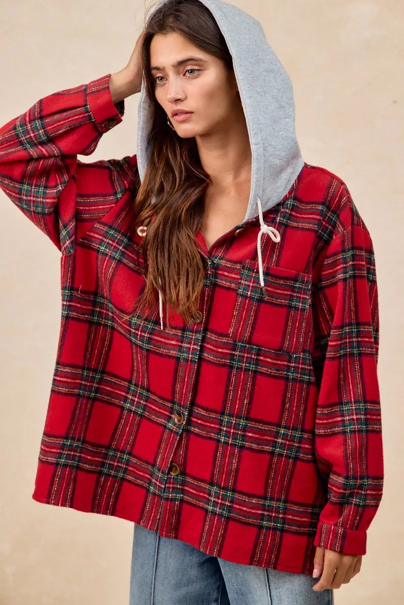 BiBi Brushed Plaid Hooded Jacket - Trendsi | Lola Mariee