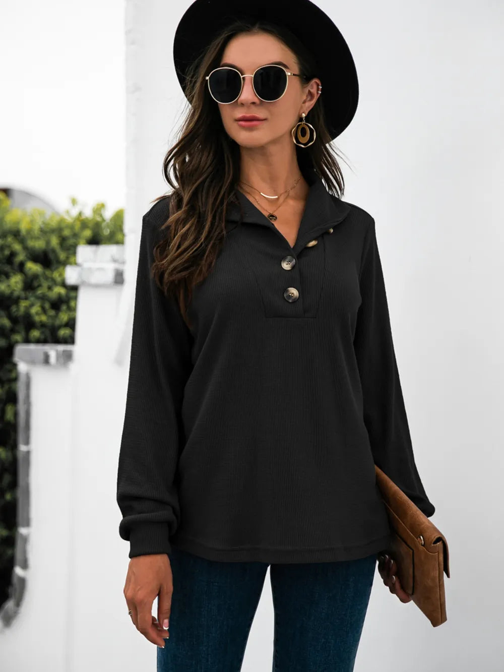 Half Button Long Sleeve T-Shirt - Trendsi | Lola Mariee