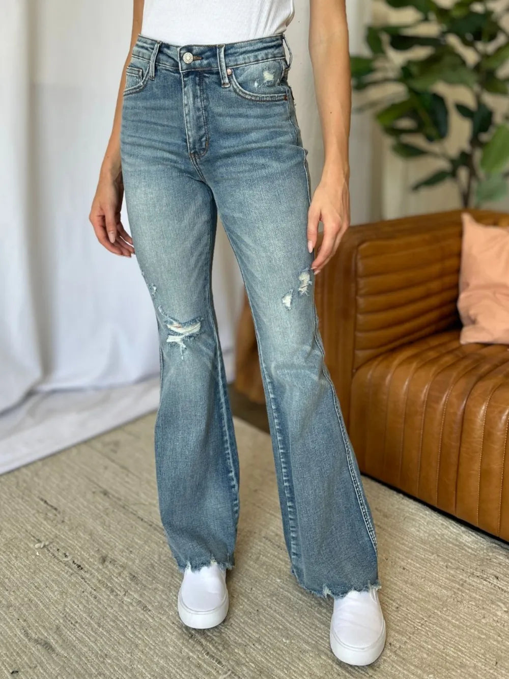 Judy Blue Full Size Medium Rise Tummy Control Destroy Flare - women's fashion at Lola Mariee boutique