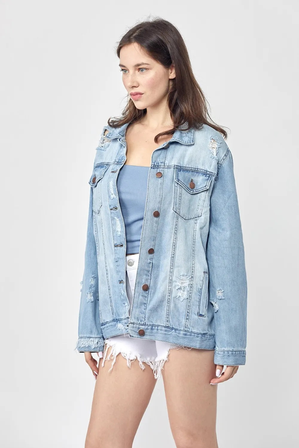 RISEN Full Size Distressed Long Sleeve Denim Jacket Plus Size - LOLA MARIEE | Lola Mariee