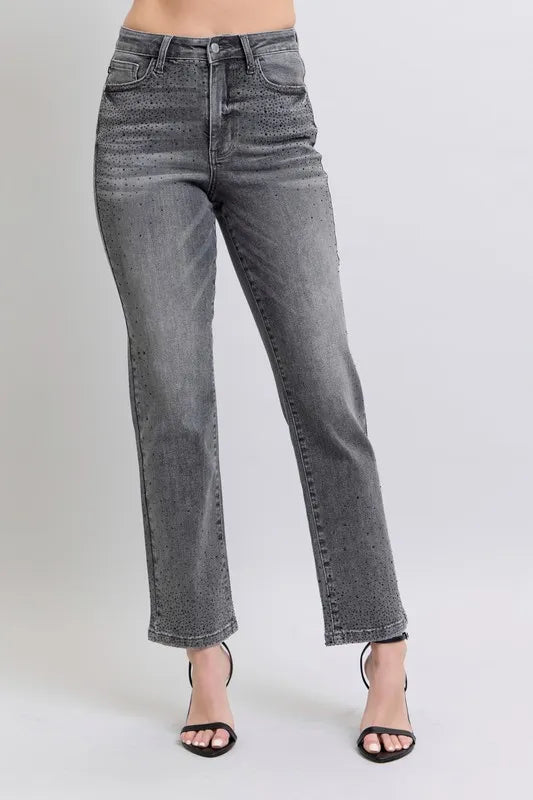 Judy Blue Full Size High Waist Rhinestone Straight Jeans Plus Size - women's bottoms at Lola Mariee boutique