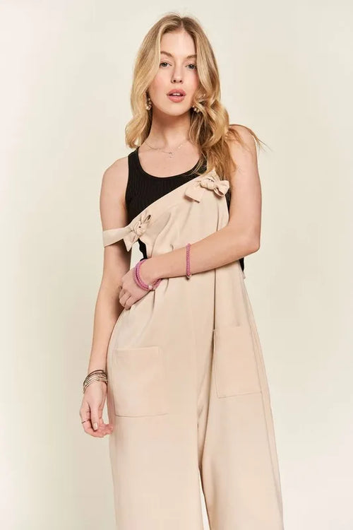 ADORA Knotted Wide Strap Wide Leg Overalls – view 2 | Lola Mariee