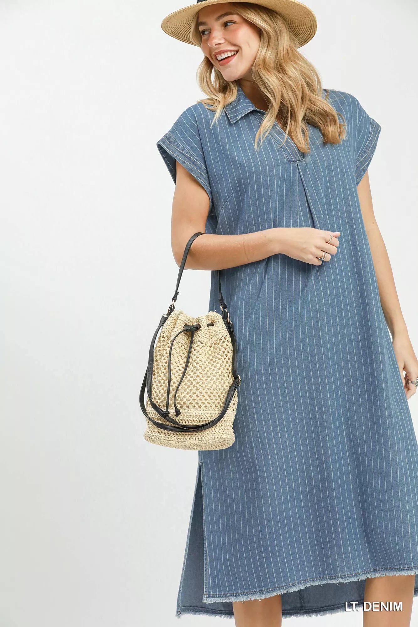 Umgee Pinstripe Denim Collared Midi Dress with Side Slits - Trendsi | Lola Mariee