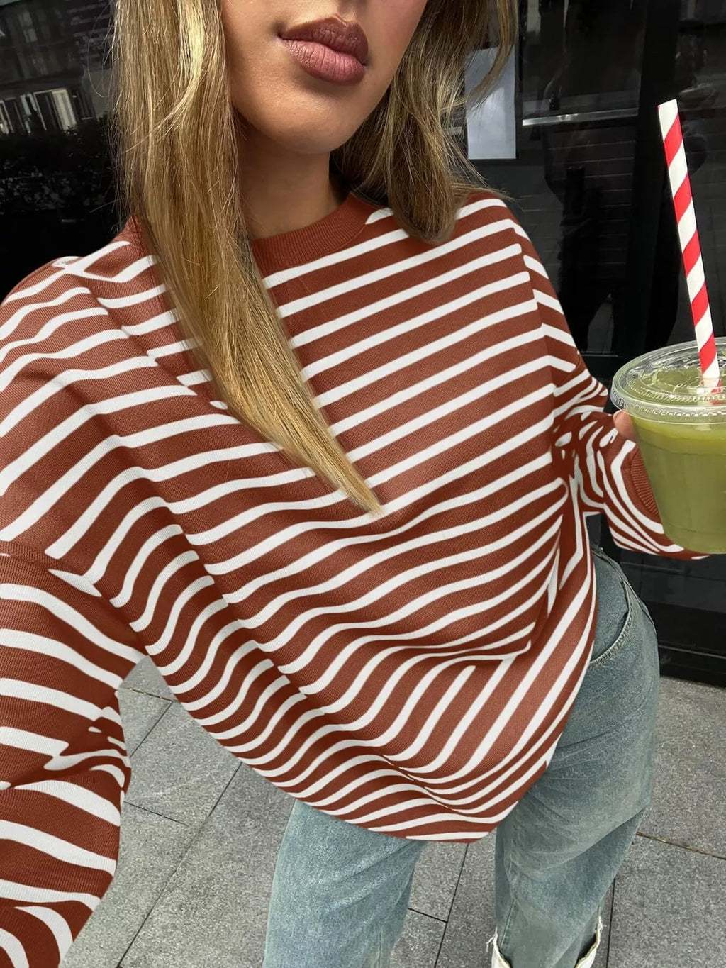 Striped Round Neck Oversized Casual Sweatshirt - Trendsi | Lola Mariee