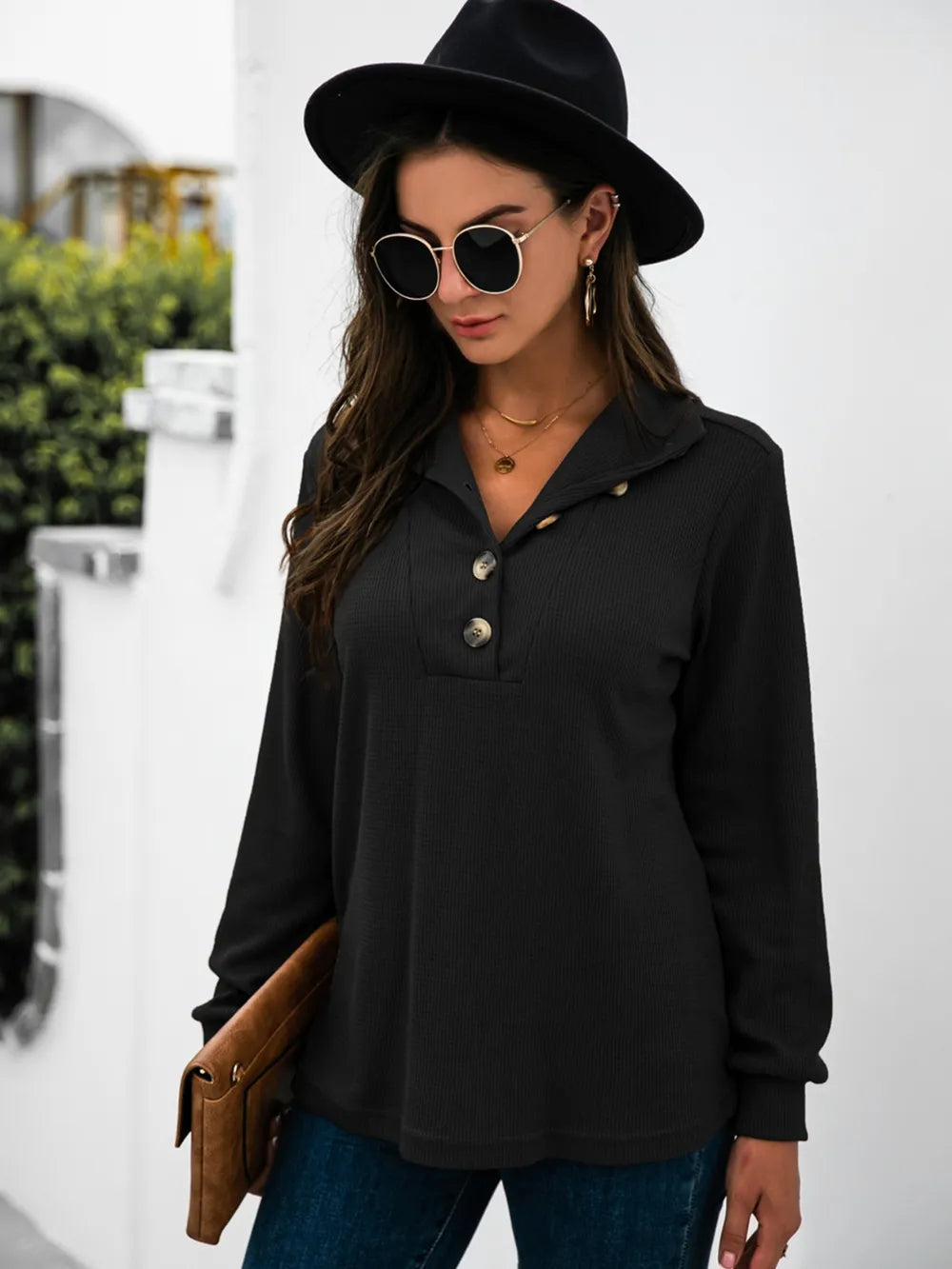 Half Button Long Sleeve T-Shirt - Trendsi | Lola Mariee
