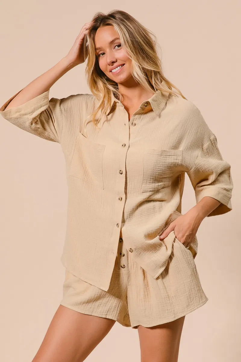 BiBi Crinkle Gauze Shirt and Short Set - Trendsi | Lola Mariee