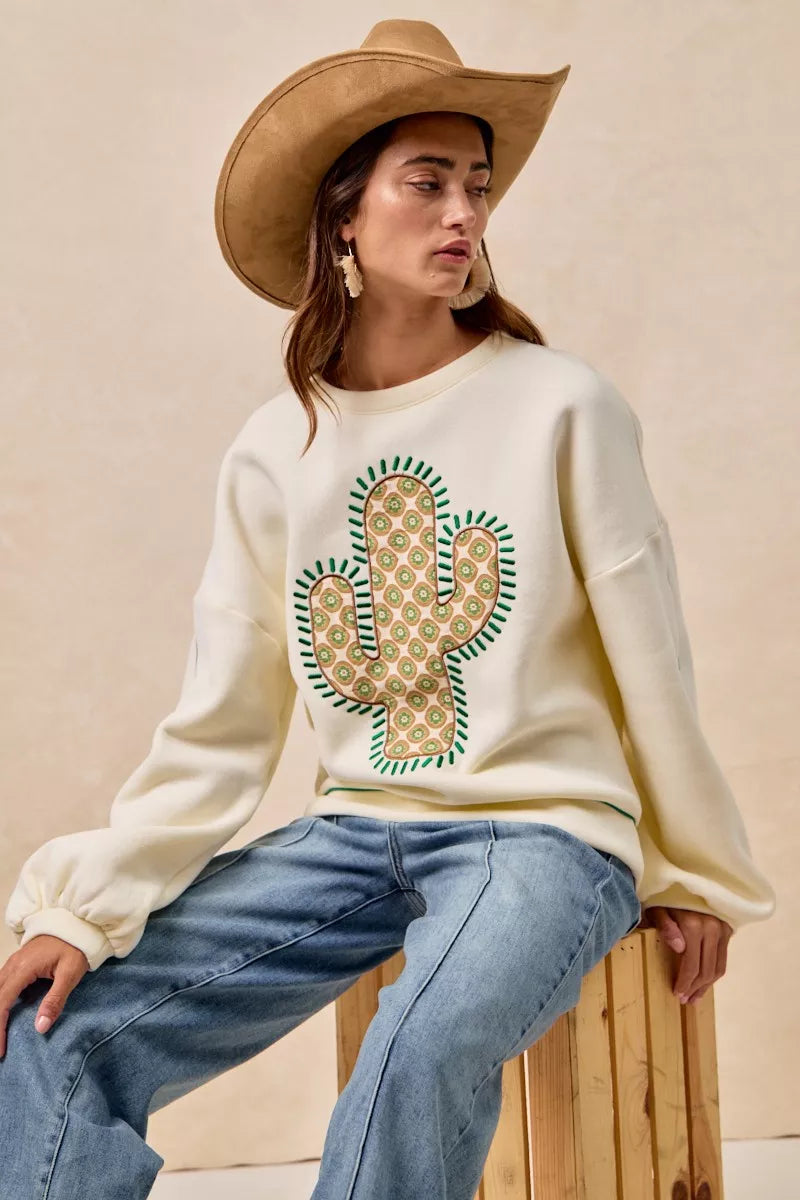 BiBi Cactus Embroidered Fleece Sweatshirt - Trendsi | Lola Mariee