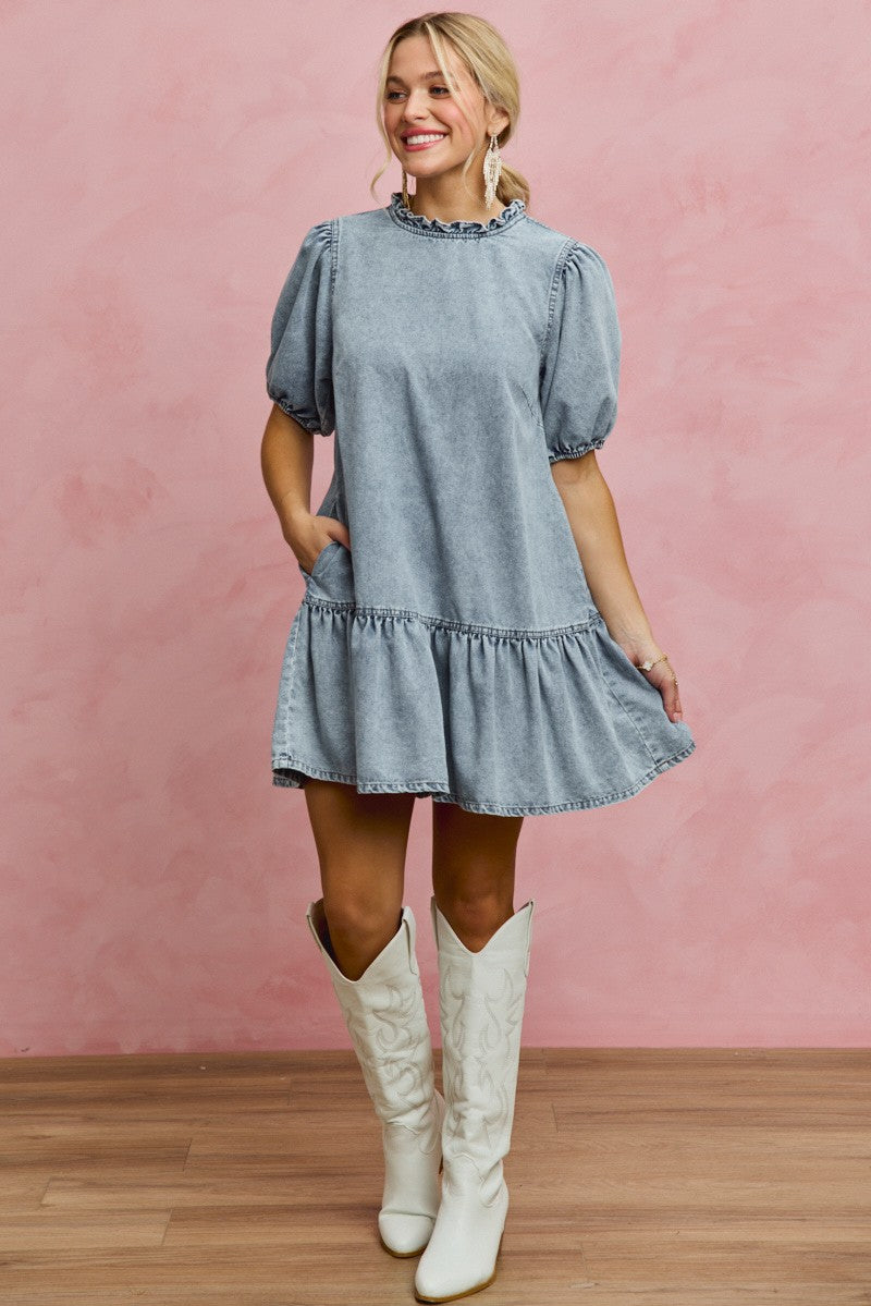 SO ME Denim Short Sleeves Mini Tiered Dress - Trendsi | Lola Mariee