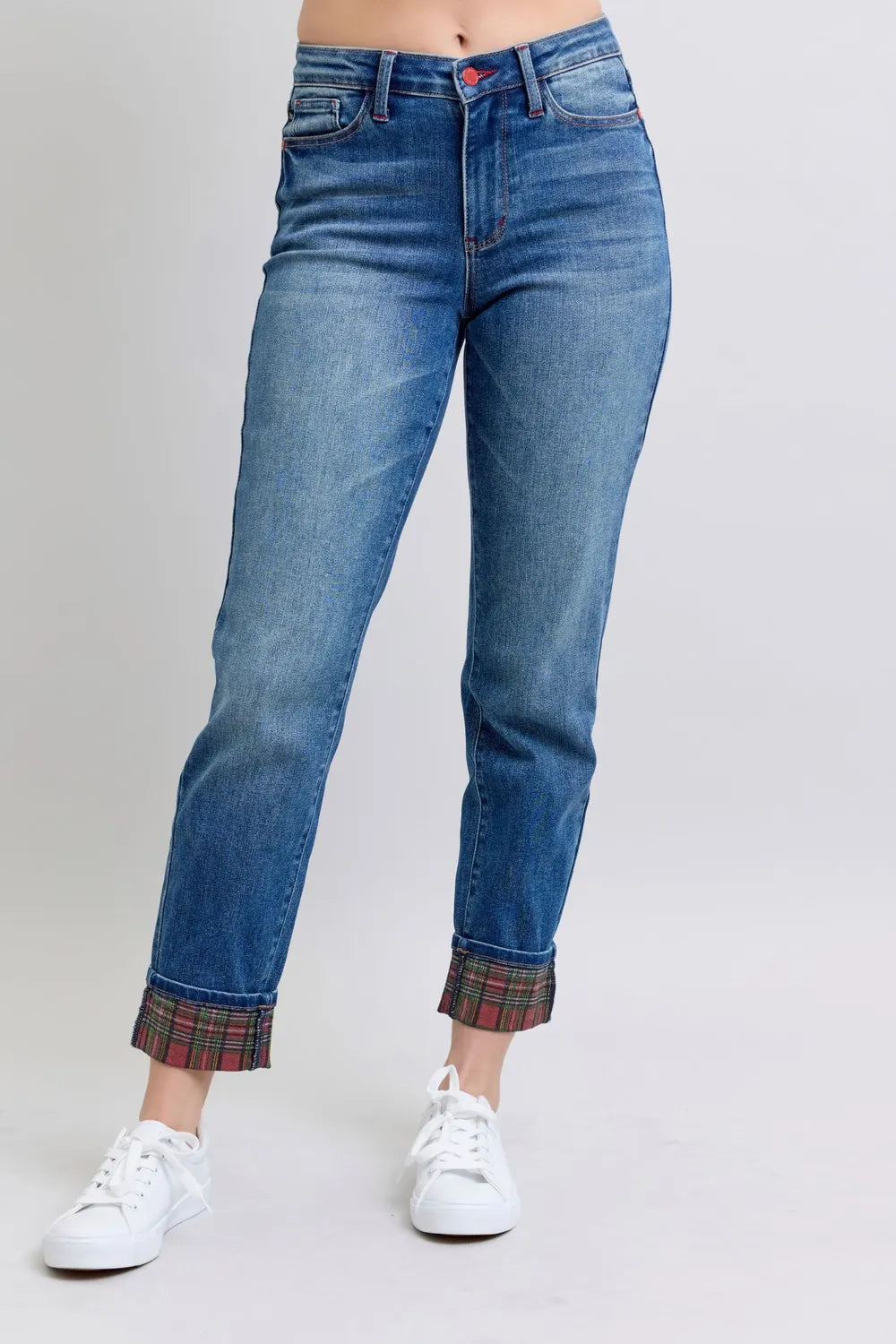 Judy Blue Full Size Plaid Print Cuff Straight Leg Jeans with Pockets - women's bottoms at Lola Mariee boutique