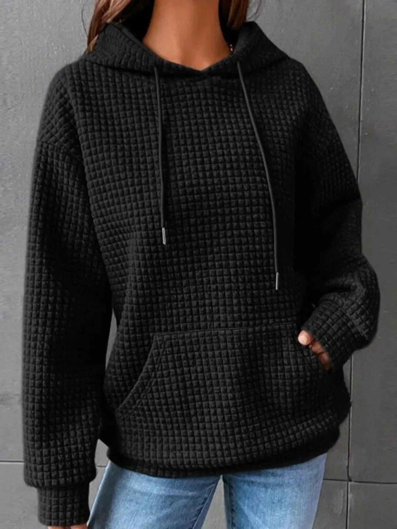 Waffle Knit Hoodie with Drawstring Details – view 7 | Lola Mariee