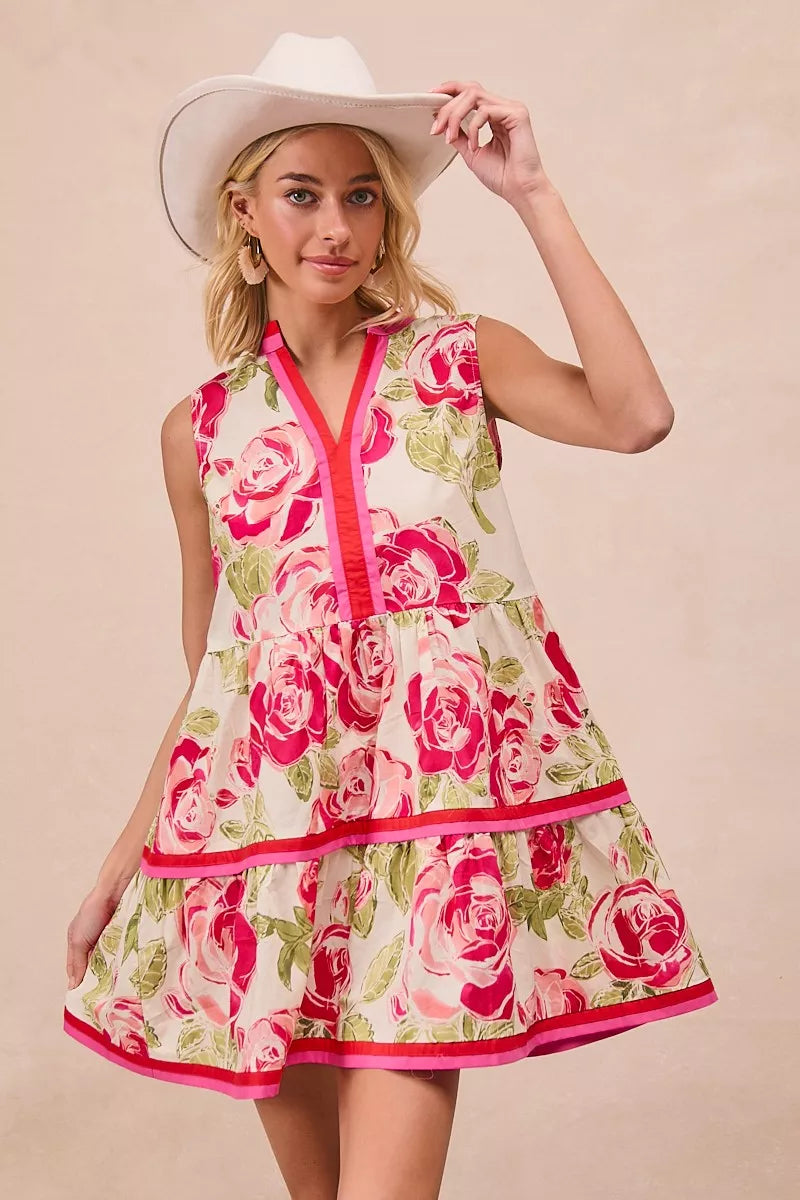 BiBi Floral Woven Contrast Edge Tiered Ruffle Mini Dress – view 9 | Lola Mariee
