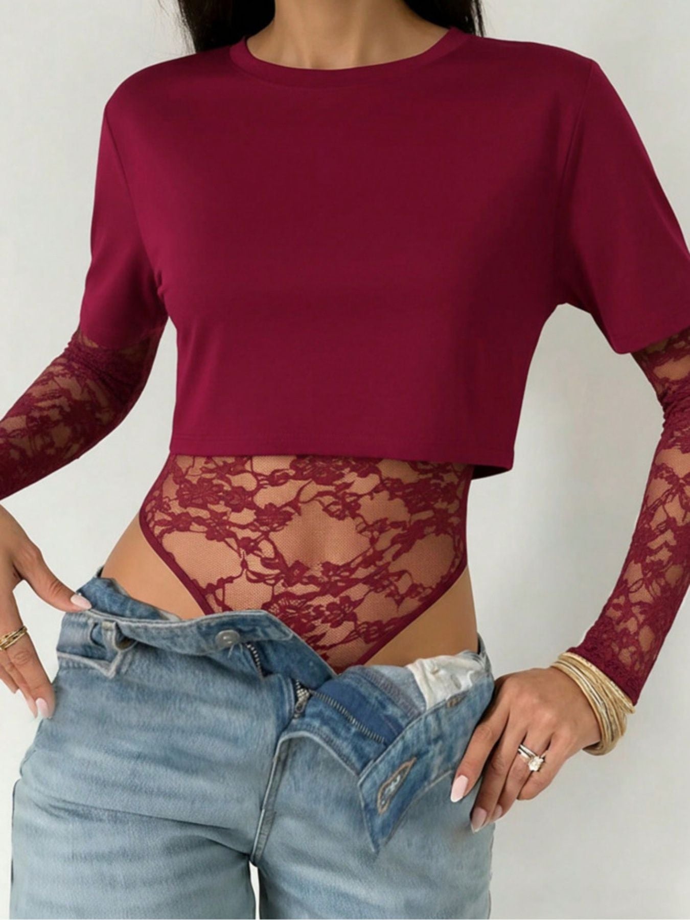 Lace Patchwork Round Neck Bodysuit – view 6 | Lola Mariee