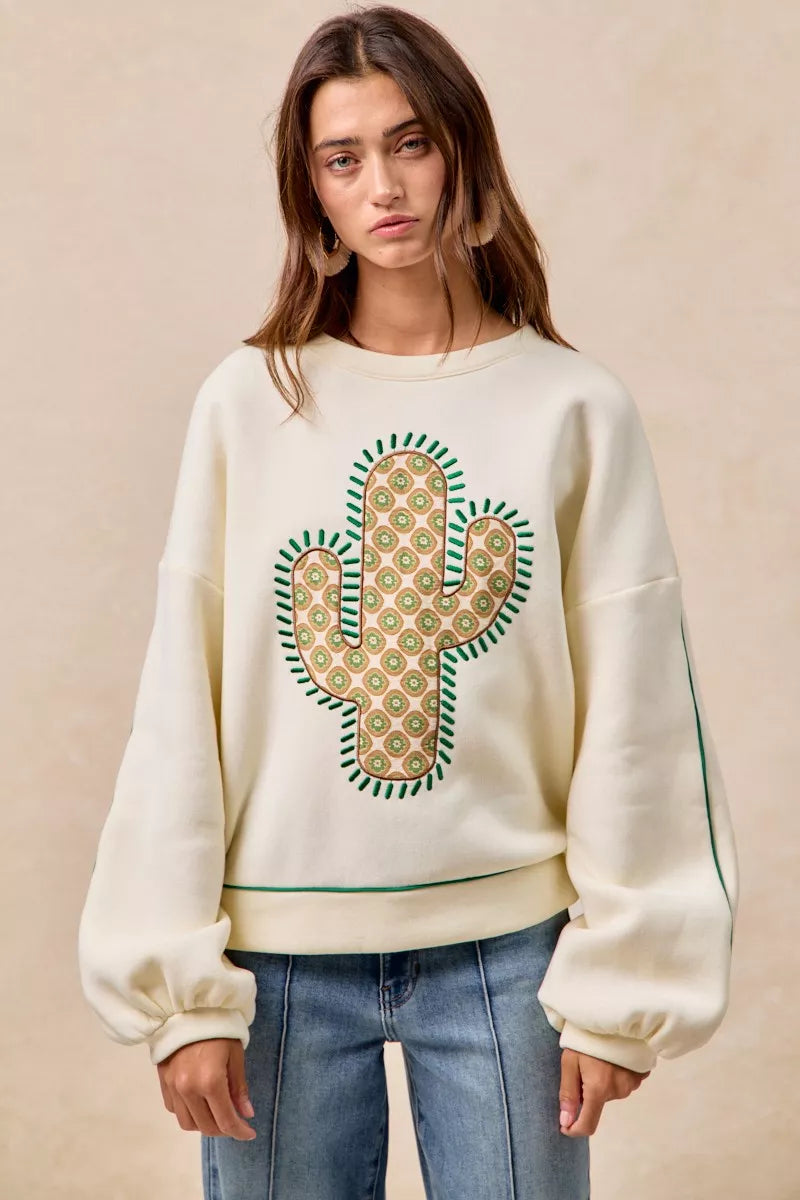 BiBi Cactus Embroidered Fleece Sweatshirt - Trendsi | Lola Mariee