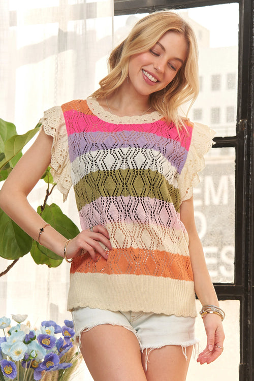 ADORA Eyelet Sleeve Multi Color Crochet Top – view 2 | Lola Mariee