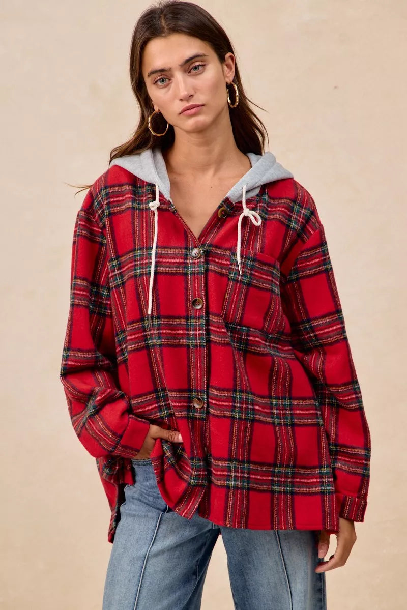 BiBi Brushed Plaid Hooded Jacket - Trendsi | Lola Mariee