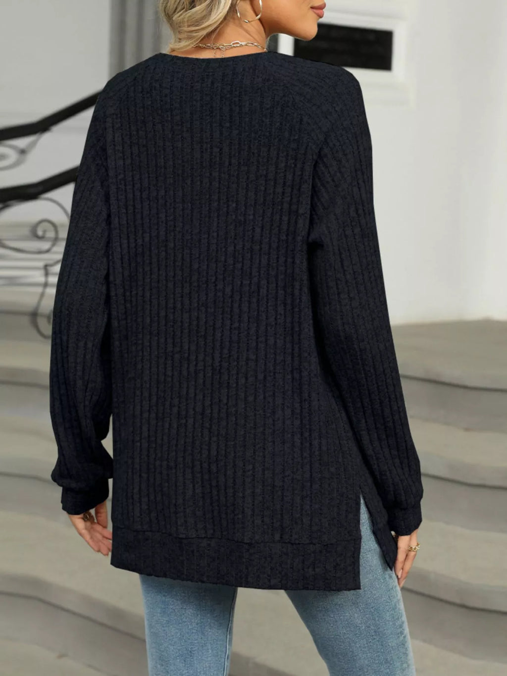 Round Neck Side Slit Ribbed Knit Top with Asymmetric Button Detail - Trendsi | Lola Mariee