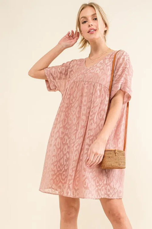And The Why Woven Leopard Baby Doll Roll-Sleeve Casual Dress | Lola Mariee