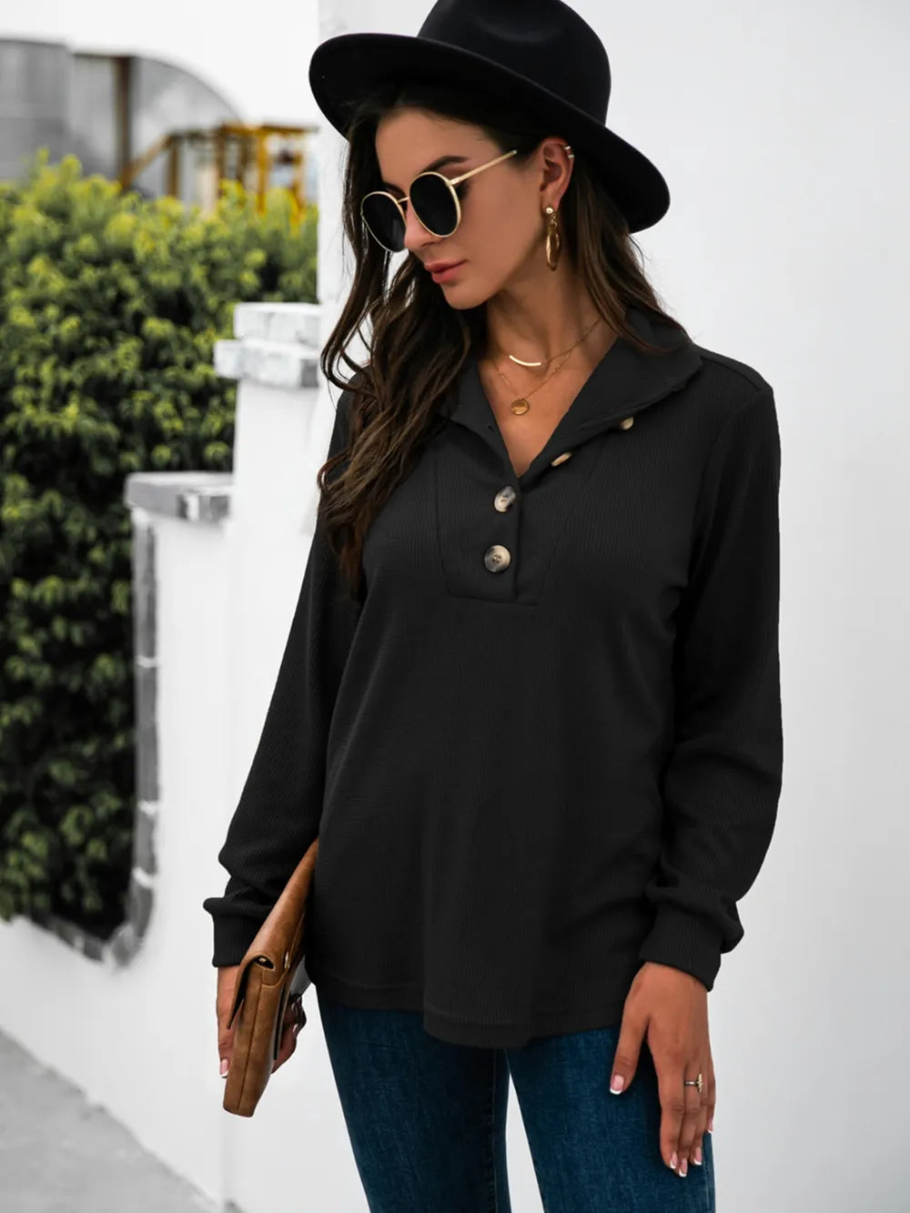 Half Button Long Sleeve T-Shirt - Trendsi | Lola Mariee