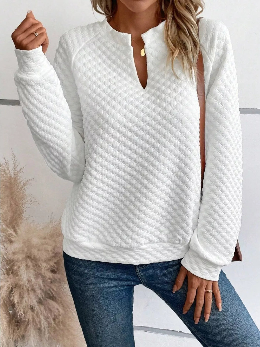 Textured Notched Raglan Sleeve Sweatshirt - Trendsi | Lola Mariee