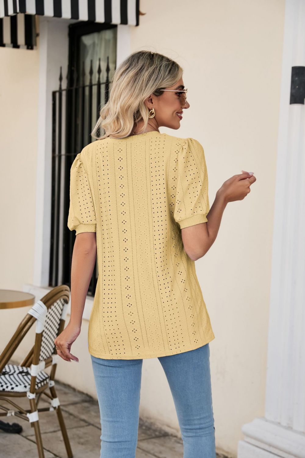 Eyelet Puff Sleeve V-Neck Top - Trendsi | Lola Mariee