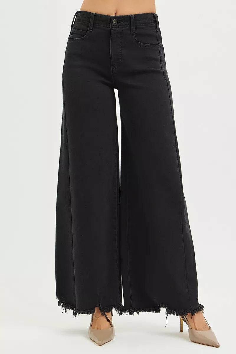 RISEN Tummy Control High Rise Palazzo Leg Frayed Hem Jeans - women's bottoms at Lola Mariee boutique