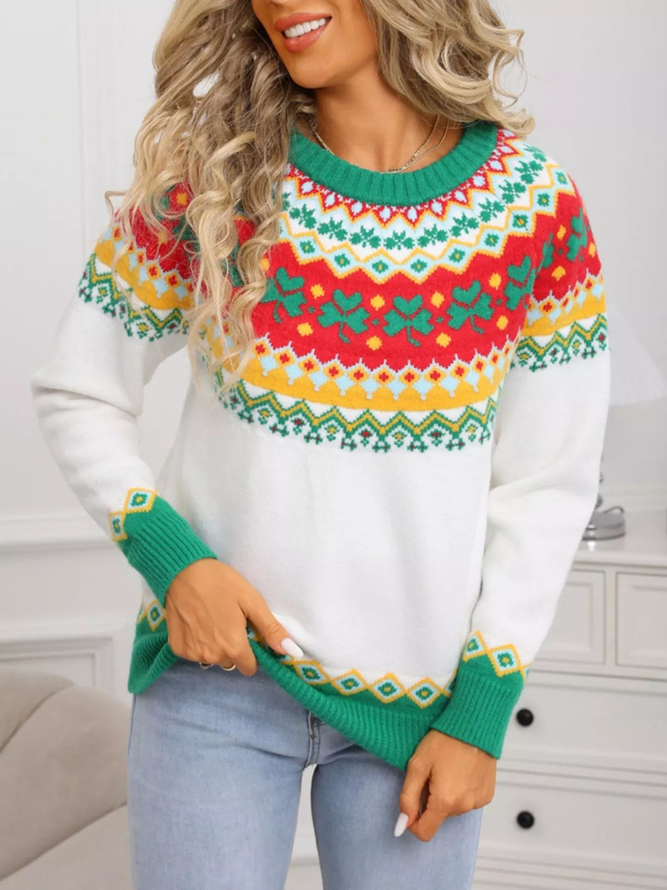 Clover Pattern Round Neck Knitted Sweater – view 5 | Lola Mariee