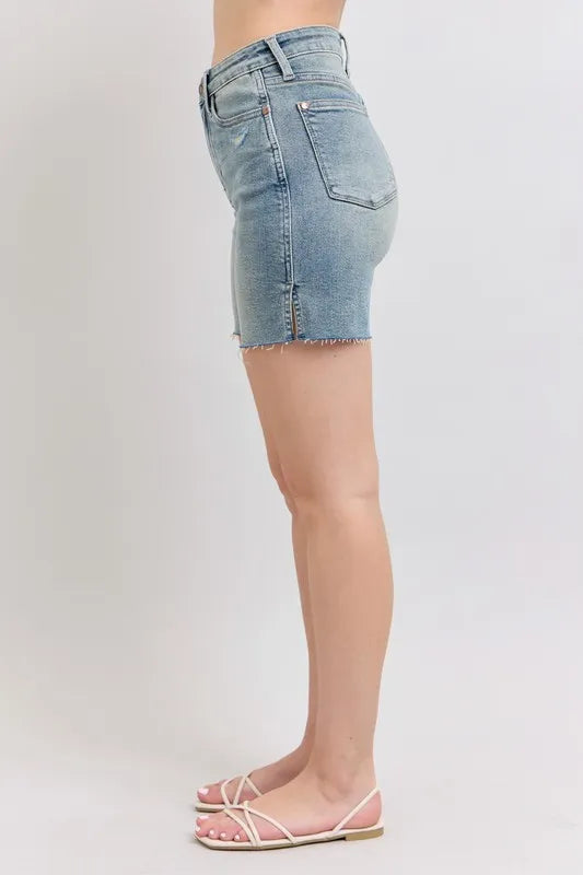 Judy Blue Full Size High Waist Vintage Wash Side Slit Denim Shorts Plus Size – view 5 | Lola Mariee
