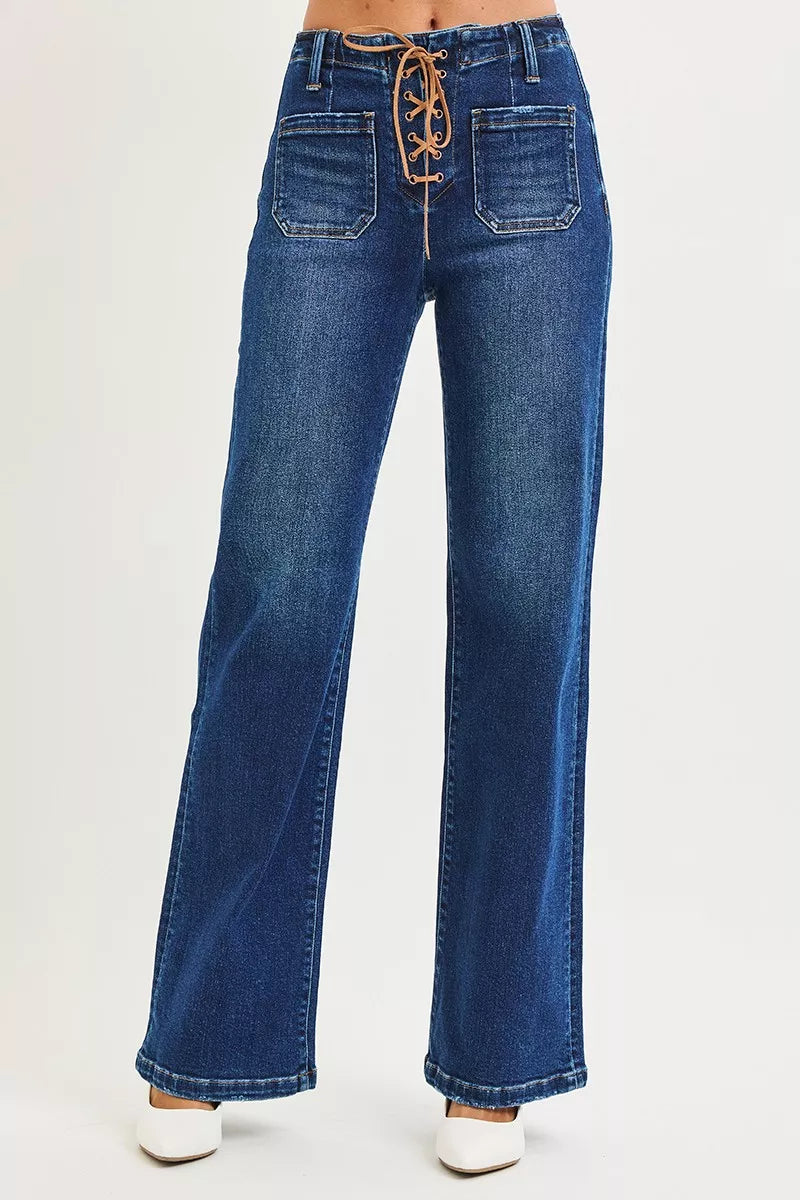 RISEN Full Size High Rise Wide Leg Jeans with Front Tie Detail Plus Size - women's bottoms at Lola Mariee boutique