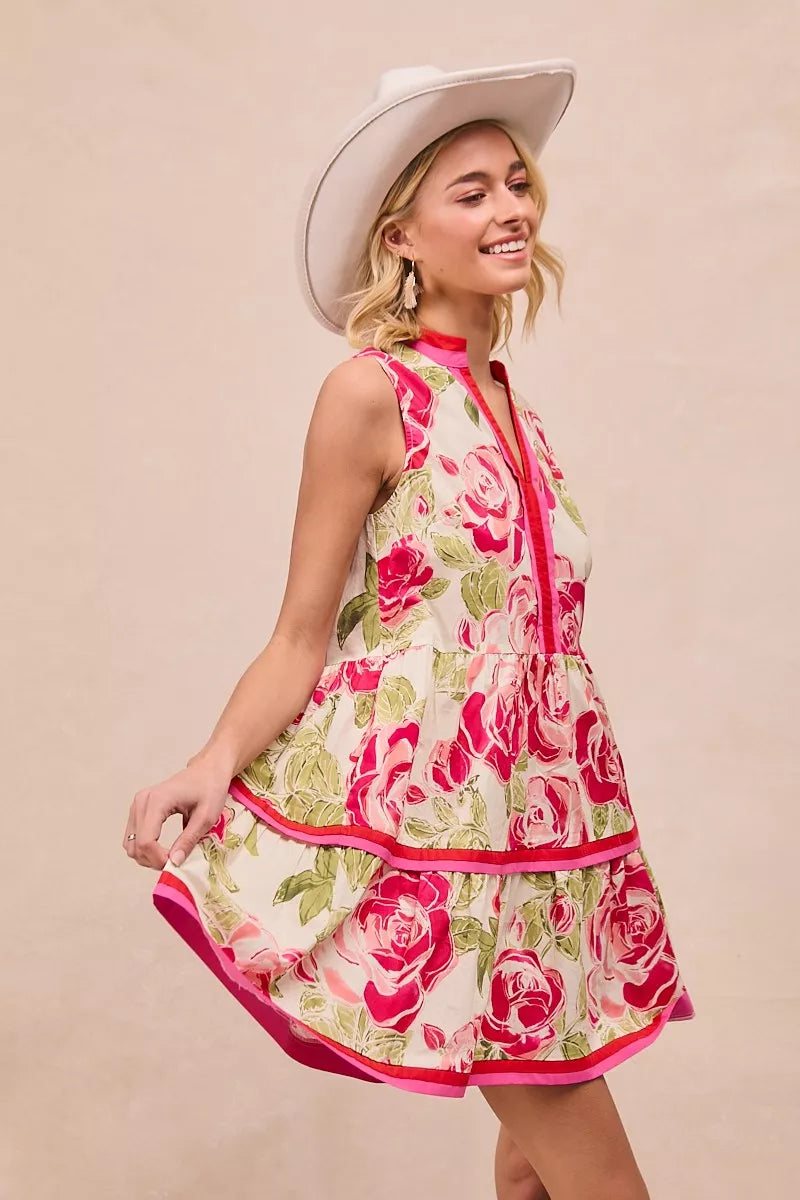 BiBi Floral Woven Contrast Edge Tiered Ruffle Mini Dress – view 4 | Lola Mariee