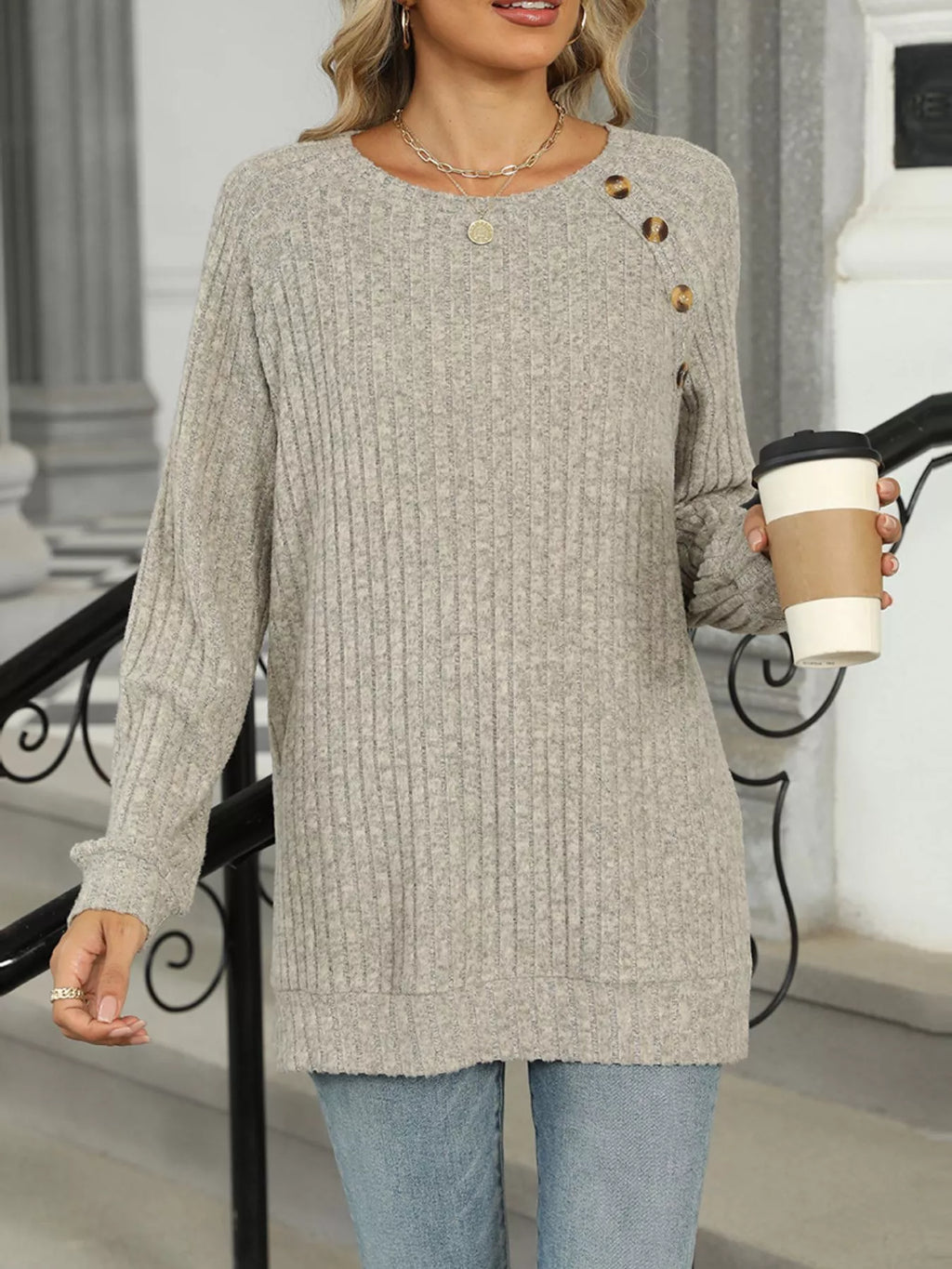 Round Neck Side Slit Ribbed Knit Top with Asymmetric Button Detail - Trendsi | Lola Mariee