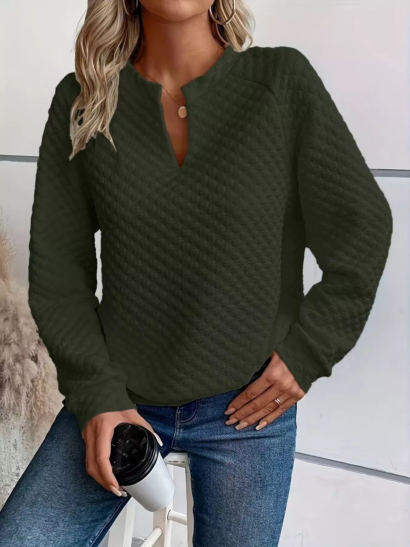 Textured Notched Raglan Sleeve Sweatshirt - Trendsi | Lola Mariee