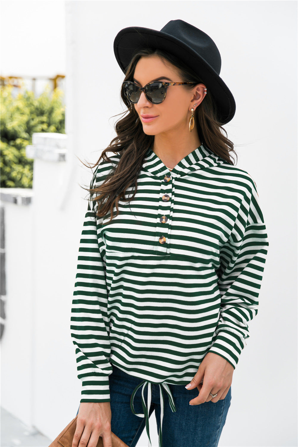 Striped Half-Button Dropped Shoulder Hoodie – view 7 | Lola Mariee