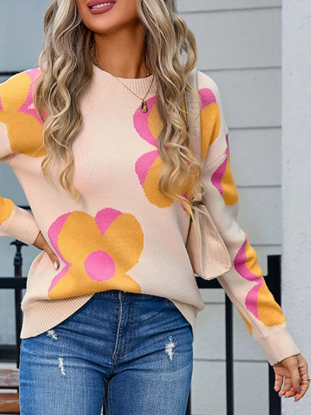 Angel Wings Flower Round Neck Long Sleeve Sweater – view 10 | Lola Mariee