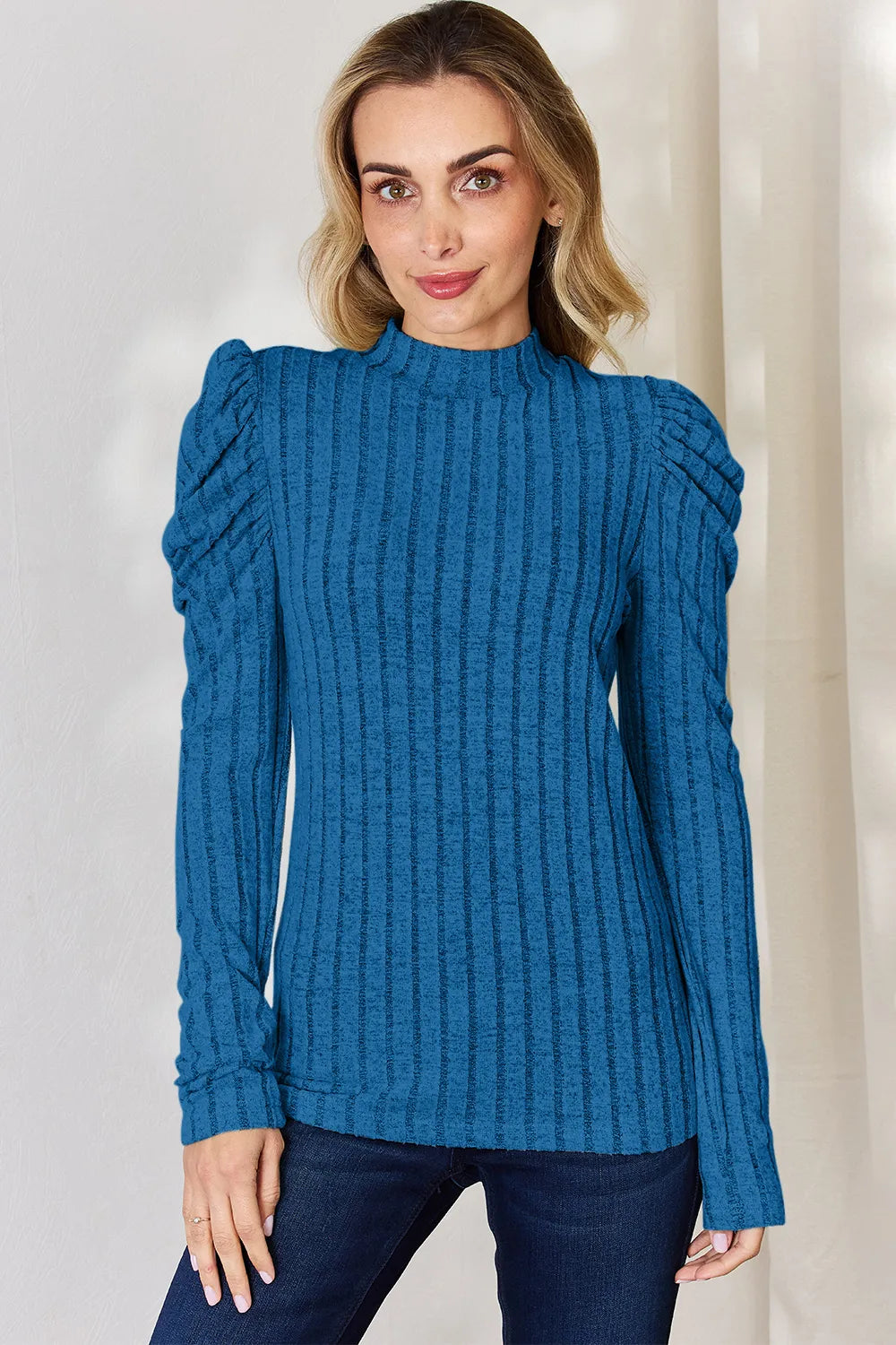 Basic Bae Full Size Ribbed Mock Neck Puff Sleeve T-Shirt – view 8 | Lola Mariee