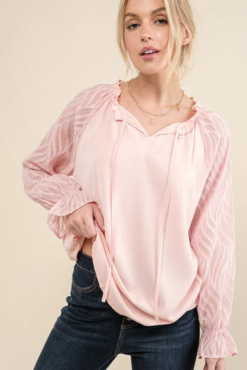 And The Why Leaves Shape Textured Sleeve Blouse – view 2 | Lola Mariee