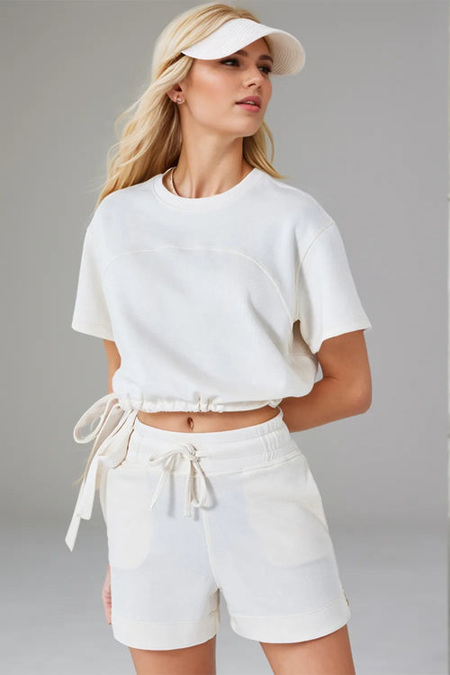 Basic Bae Drawstring Hem Air Scuba Round Neck Short Sleeve T-Shirt – view 2 | Lola Mariee